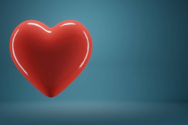 3D Rending Red Heart mavi arka planda uçuyor. Mutlu kadınlar için sevgi sembolleri, anne, sevgililer günü, doğum günü tebrik kartı..