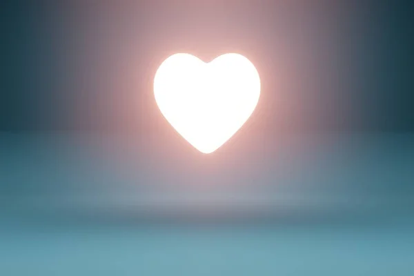 Representación 3D El corazón emisor de luz vuela sobre un fondo azul. Símbolos de amor para mujeres felices, madre, día de San Valentín, tarjeta de felicitación de cumpleaños . — Foto de Stock