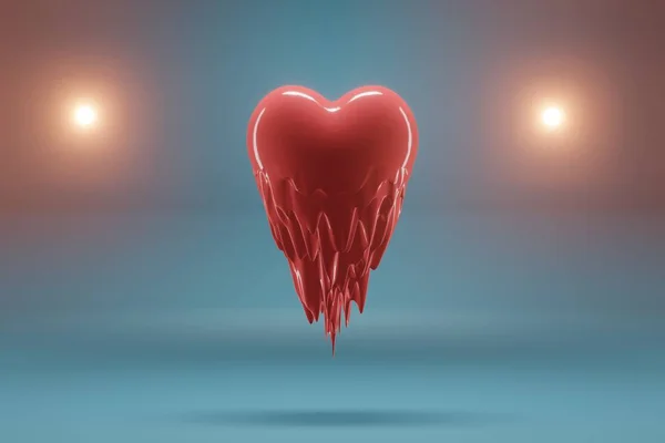 Rendering 3D Il cuore rosso vola e si scioglie dall'amore su uno sfondo blu. Simboli di amore per donne felici, madre, San Valentino, biglietto di auguri di compleanno . — Foto Stock