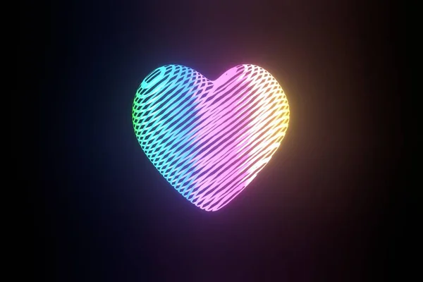 Latające serce wykonane z kolorowych jasnych wstążek. Renderowanie 3D. Symbole miłości do szczęśliwych kobiet, matki, Walentynki, kartka urodzinowa. — Zdjęcie stockowe