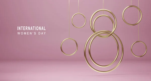 Happy International Women's Day background. Banner with golden decor elements 8 number 3D rendering. Symbol of the spring of March, greeting card. — ストック写真