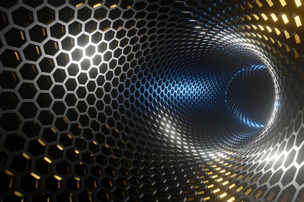 Background abstract space tunnel from a pattern of iron hexagons in the rays of light of planets, a blank for a banner. Photorealistic 3d render. — 스톡 사진