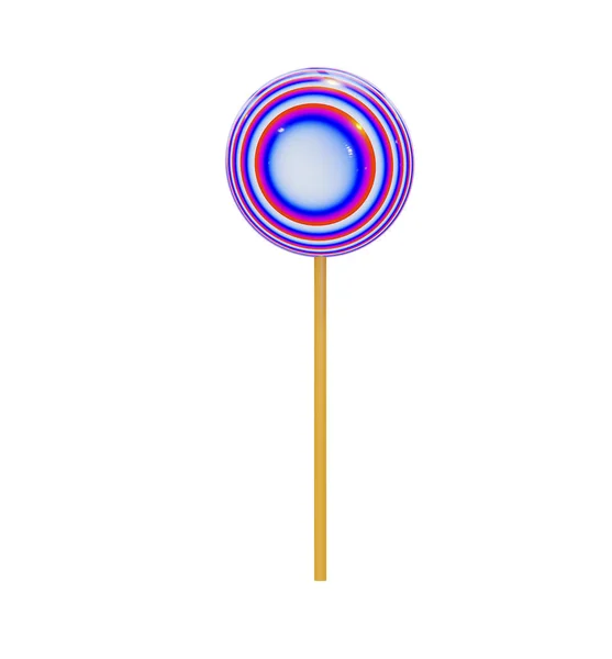 Karamel snoep in de vorm van een ronde lolly op een houten stok, veelkleurige abstracte spiralen. Realistische 3d render, isoleren op een witte achtergrond, blanco voor feestelijk design. — Stockfoto