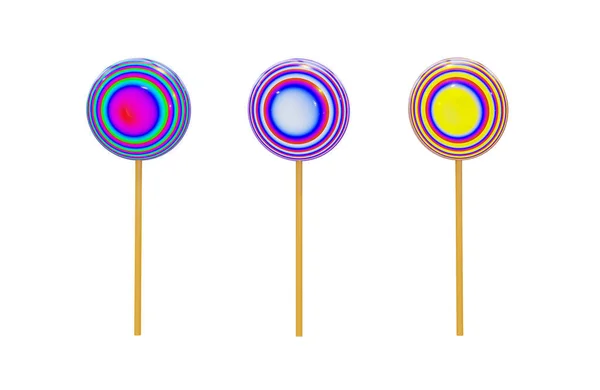 Caramel sweets in the form of a round lollipop on a wooden stick, multicolored abstract spirals. Realistic 3D render, isolate on a white background, blank for festive design. — 스톡 사진