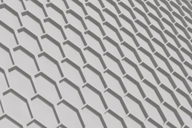 Altıgen bal peteği şeklinde geometrik desen. Açık gri renklerde soyut arkaplan. Reklam afişi için mükemmel bir boşluk. Fotorealistik 3d canlandırma.