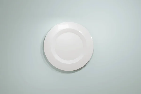 Placa cerâmica branca clássica para um restaurante ou café vista de cima em um fundo pastel azul claro. Um excelente espaço em branco para um banner de publicidade. Renderização 3D fotorealista . — Fotografia de Stock