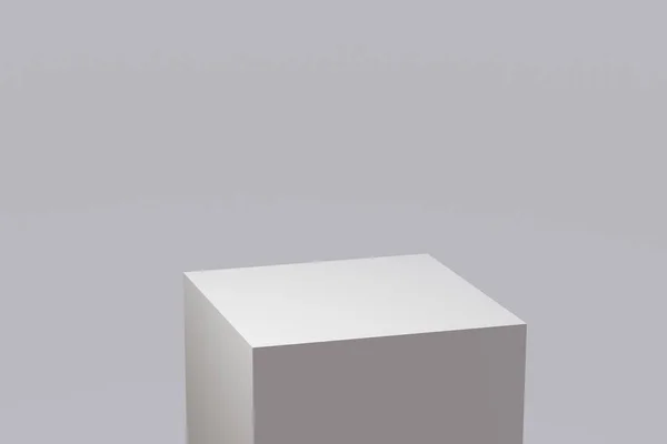 Podium in the form of a cube, stand for an advertising item or concept. Pastel shades. An excellent blank for an advertising banner. Photorealistic 3D render. — 스톡 사진