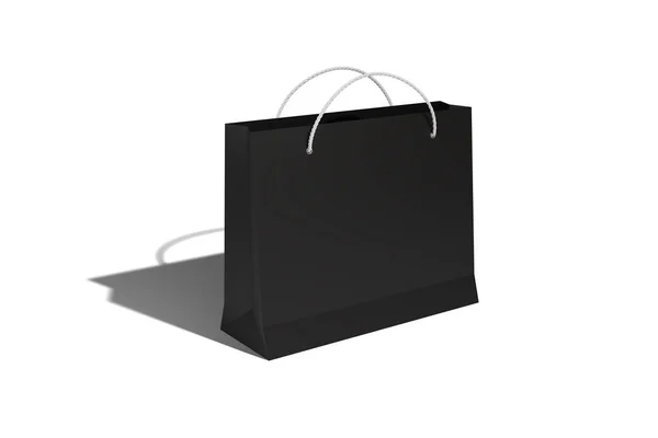 Una bolsa de papel para comprar zanahorias en una tienda de descuento y para la venta en negro proyecta una sombra sobre un aislado blanco. Representación fotorrealista 3D . — Foto de Stock