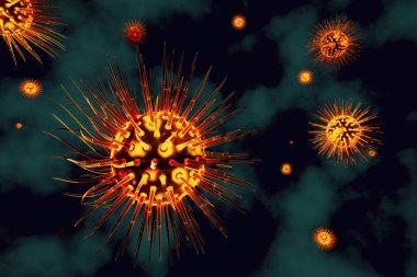 Coronavirus soyut görselleştirme bakterileri tıbbi araştırma pandeması. Bulanık arka plan, yumuşak odaklanma. Gerçekçi 3D canlandırma.