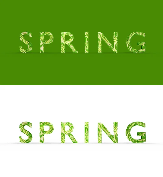 Stylized word text Spring, abstract good texture, there is a shadow. Two words, one on a colored background, the other on a white isolate. Photorealistic 3D render. — Stock Photo, Image