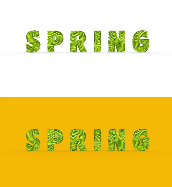 Stylized word text Spring, abstract good texture, there is a shadow. Two words, one on a colored background, the other on a white isolate. Photorealistic 3D render. — Stock Photo, Image