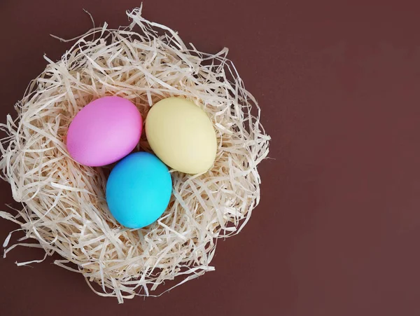 Osterfrühling Hühnernest mit bunten Eiern ist ein Symbol der christlichen Feiertag. — Stockfoto