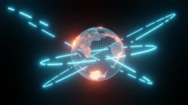 Uydu yörüngeleri, iletişim ve internet iş konsepti olan bir hologram gezegeni. Geleceğe dönük görselleştirme 3d Hazırlama.