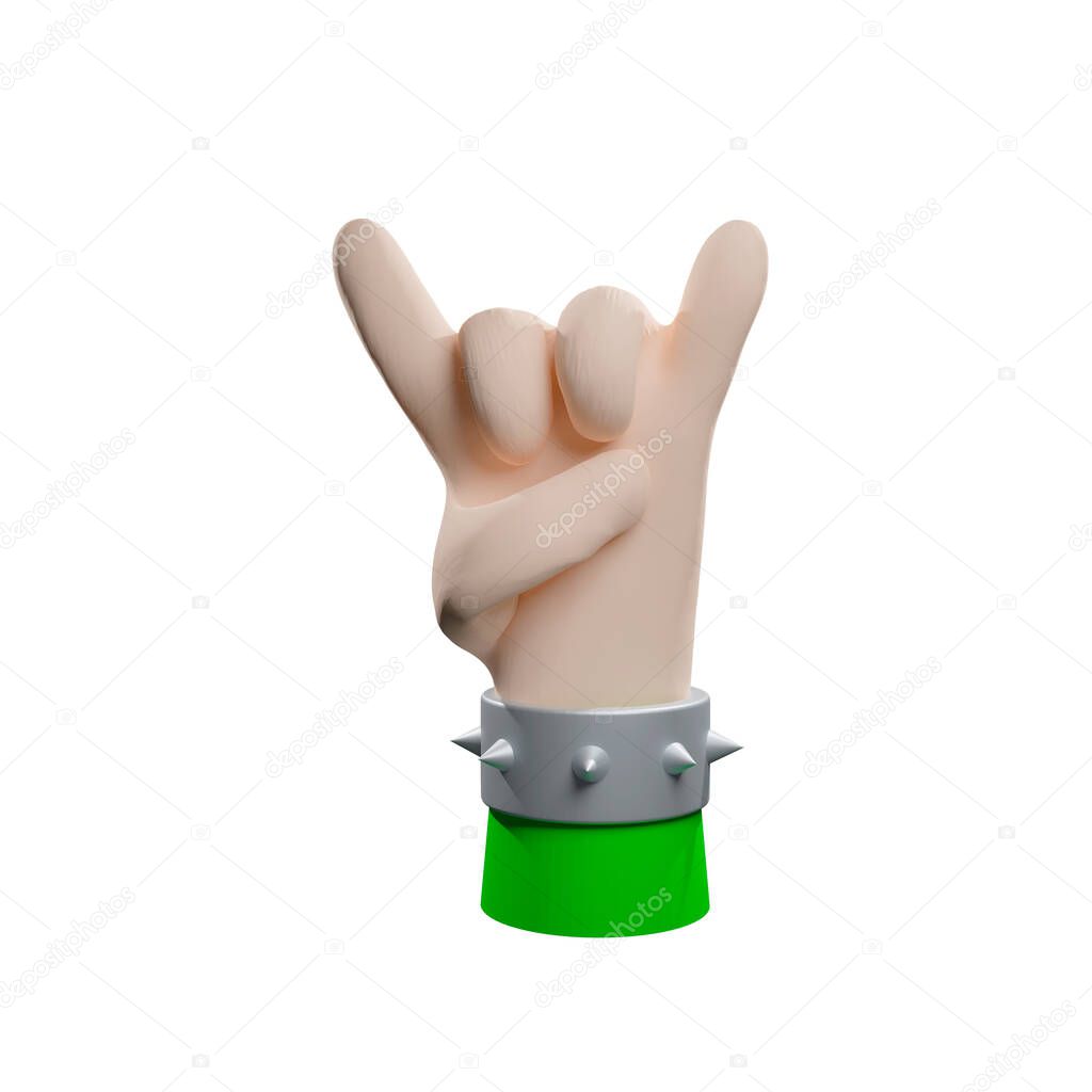 The hand shows the Rock and Roll sign, on the arm there is an iron bracelet with spikes and a green garment sleeve. Isolate on white background Cartoon 3d rendering.
