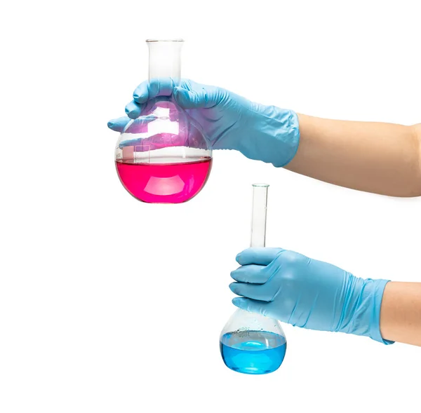 Female Hands Medic Safe Blue Rubber Gloves Which Liquid Red — Stock Photo, Image