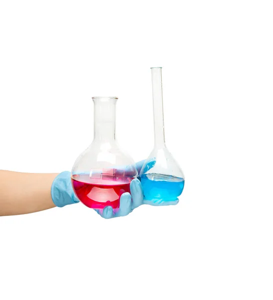 Female Hands Medic Safe Blue Rubber Gloves Which Liquid Red — Stock Photo, Image