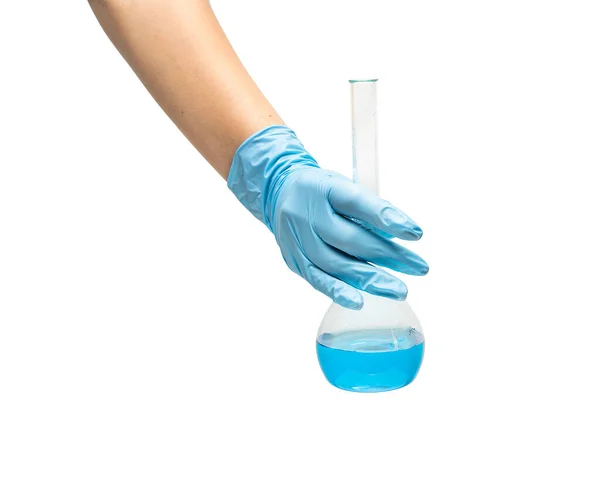 Weibliche Hand Eines Sanitäters Einem Sicheren Blauen Gummihandschuh Dem Die — Stockfoto