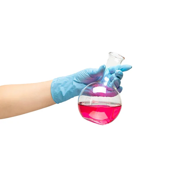 Female Hands Medic Safe Blue Rubber Gloves Which Liquid Red — Stock Photo, Image