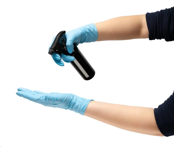 Női Kéz Egy Védő Gumi Orvosi Kesztyű Kék Színű Kezében — Stock Fotó