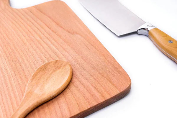 Natuurlijke Houten Snijplank Met Een Mes Keukengereedschap Gereedschap Voor Het — Stockfoto