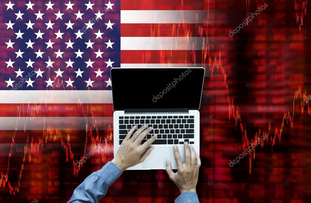 Crisis en Estados Unidos Gráfico de caída de acciones en la bandera