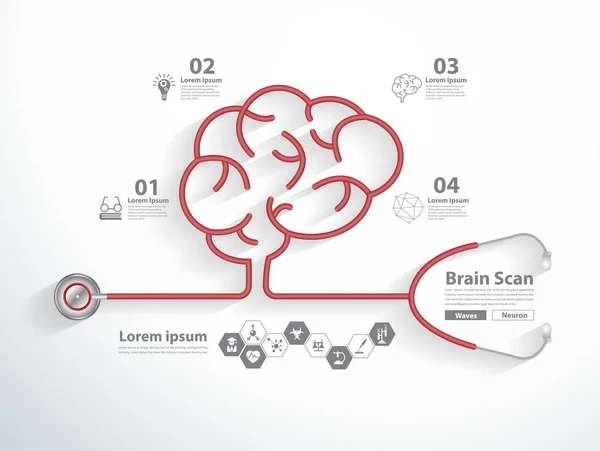 Estetoscopio rojo en forma de escáner cerebral con iconos científicos — Vector de stock