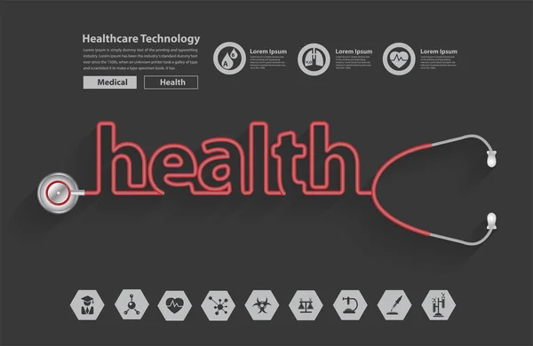 Stéthoscope sous la forme d'un design de mots santé — Image vectorielle