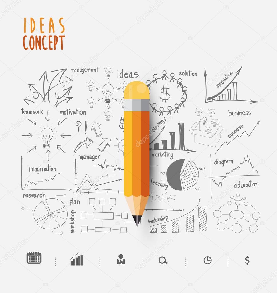 Yellow pencil on the background of the sketch creative thinking drawing charts and graphs business success strategy plan ideas