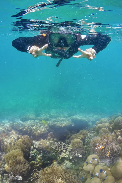 Mulheres mergulham em um mar tropical — Fotografia de Stock