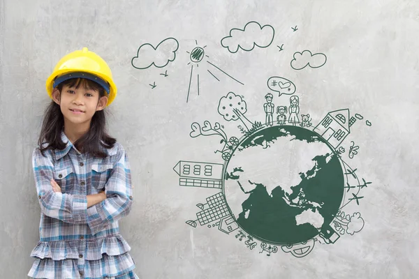 Engenharia menina com desenho criativo no mapa do mundo — Fotografia de Stock