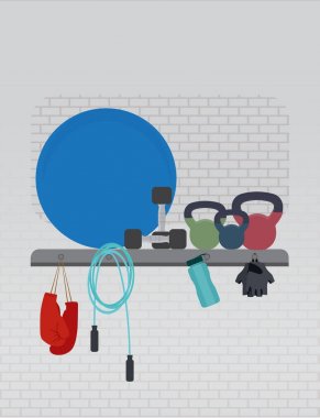 Fitness Ekipmanları spor salonu düz stil. Vektör çizim.