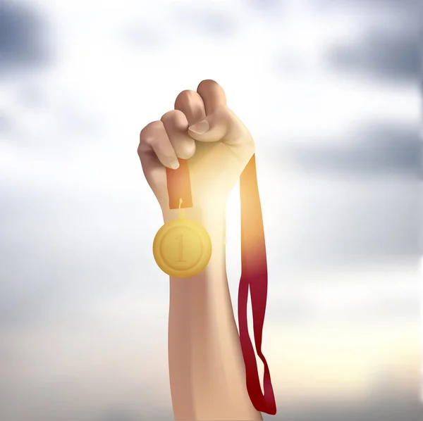 Male hand holding gold medal against the sky — Stock Vector