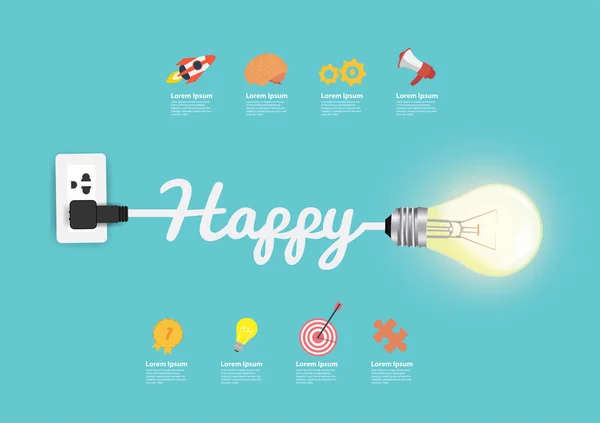 Concepto feliz, con idea de bombilla creativa — Vector de stock