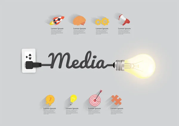 Concepto de medios, con idea de bombilla creativa — Vector de stock