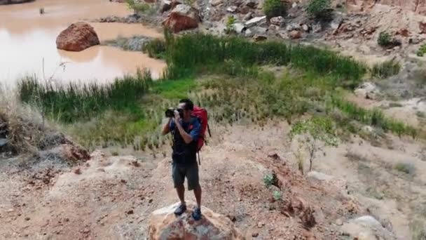 Man Traveler Photo Camera Backpack Hiking Outdoor Travel Lifestyle Adventure — Stock Video