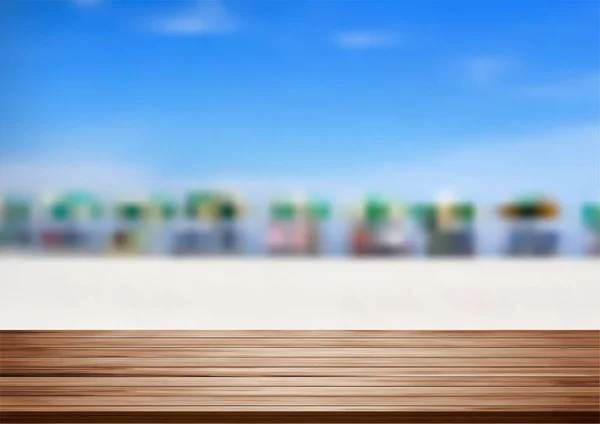 Mesa de estante de madera vectorial con vistas borrosas a la playa — Vector de stock