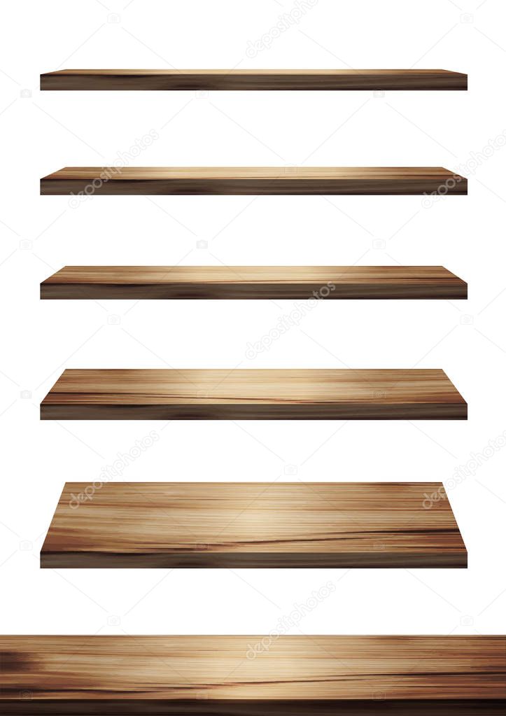 Collection of wooden shelves on an isolated white background