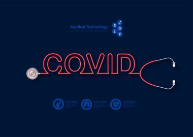 COVID-19. Roman Coronavirus 'un steteskop ve metin tasarımı, sağlık ve tıp konsepti. Vektör illüstrasyonu