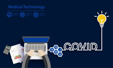 COVID-19. Coronavirus başarı fikri, dizüstü bilgisayarda çalışırken, yukarıdaki vektör illüstrasyon tasarımından üst görünüm