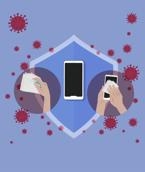保護し 細菌を排除するために携帯電話を洗浄 コロナウイルスCovid アルコール消毒スプレーでスマートフォンを拭くクリーニング 衛生コンセプト 平面ベクトル図 — ストックベクタ