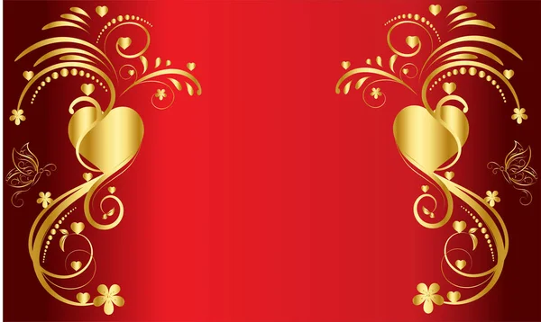 Golden Floral Elements Heart Butterfly Red Background Ornamental Border Swirls — 스톡 벡터