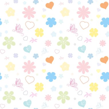 Kusursuz çiçek ve kalp deseni. Kelebek ve kalp dokusu arka plan. Dekoratif dikişsiz çiçek duvar kağıdı, tekrarlayan desen.