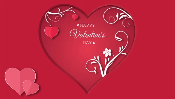 Valentine\'s day concept with red pink paper hearts hanging on tree branch,floral paper, Paper cut style, Vector symbols of love,red pink gradient background