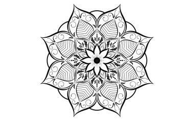 Siyah beyaz mandalanın dairesel desenli çiçeği, beyaz arka planda Vektör mandala desenli, el çizimi desenli