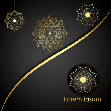 Çember desenli mandala çiçeği, altın rengi, vektör çiçekli mandala desenleri siyah arkaplan, el çizimi desenli.