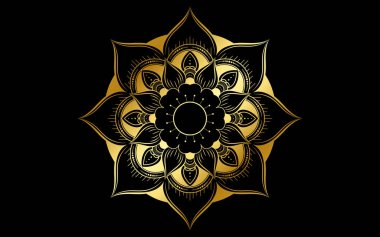 Çember desenli mandala çiçeği, altın rengi, vektör çiçekli mandala desenleri siyah arkaplan, el çizimi desenli.