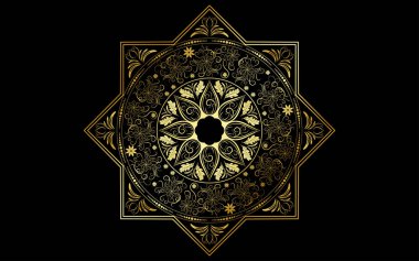Çember desenli mandala çiçeği, altın rengi, vektör çiçekli mandala desenleri siyah arkaplan, el çizimi desenli.