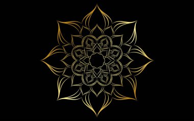 Çember desenli mandala çiçeği, altın rengi, vektör çiçekli mandala desenleri siyah arkaplan, el çizimi desenli.