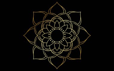 Çember desenli mandala çiçeği, altın rengi, vektör çiçekli mandala desenleri siyah arkaplan, el çizimi desenli.