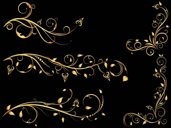 Set Van Gouden Vintage Bloemen Ornament Hand Getekend Decoratief Element — Stockvector
